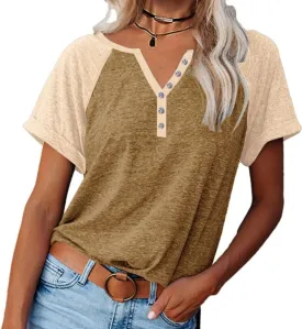MaQiYa Womens V Neck Basic Tops Color Block Tunic T Shirts Summer Short Sleeve Casual Cotton Tees Shirts