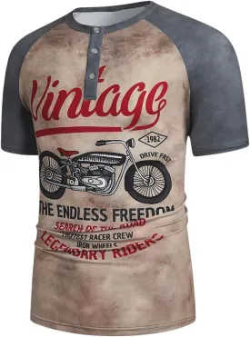 Men's Motorcycle Graphic Henley Shirts Vintage Short Sleeve Color Block Casual Shirt Tops