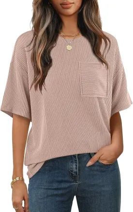 MEROKEETY Women's Summer Short Sleeve Tops Oversized Crewneck Textured Blouse Casual Basic Tunic Tee