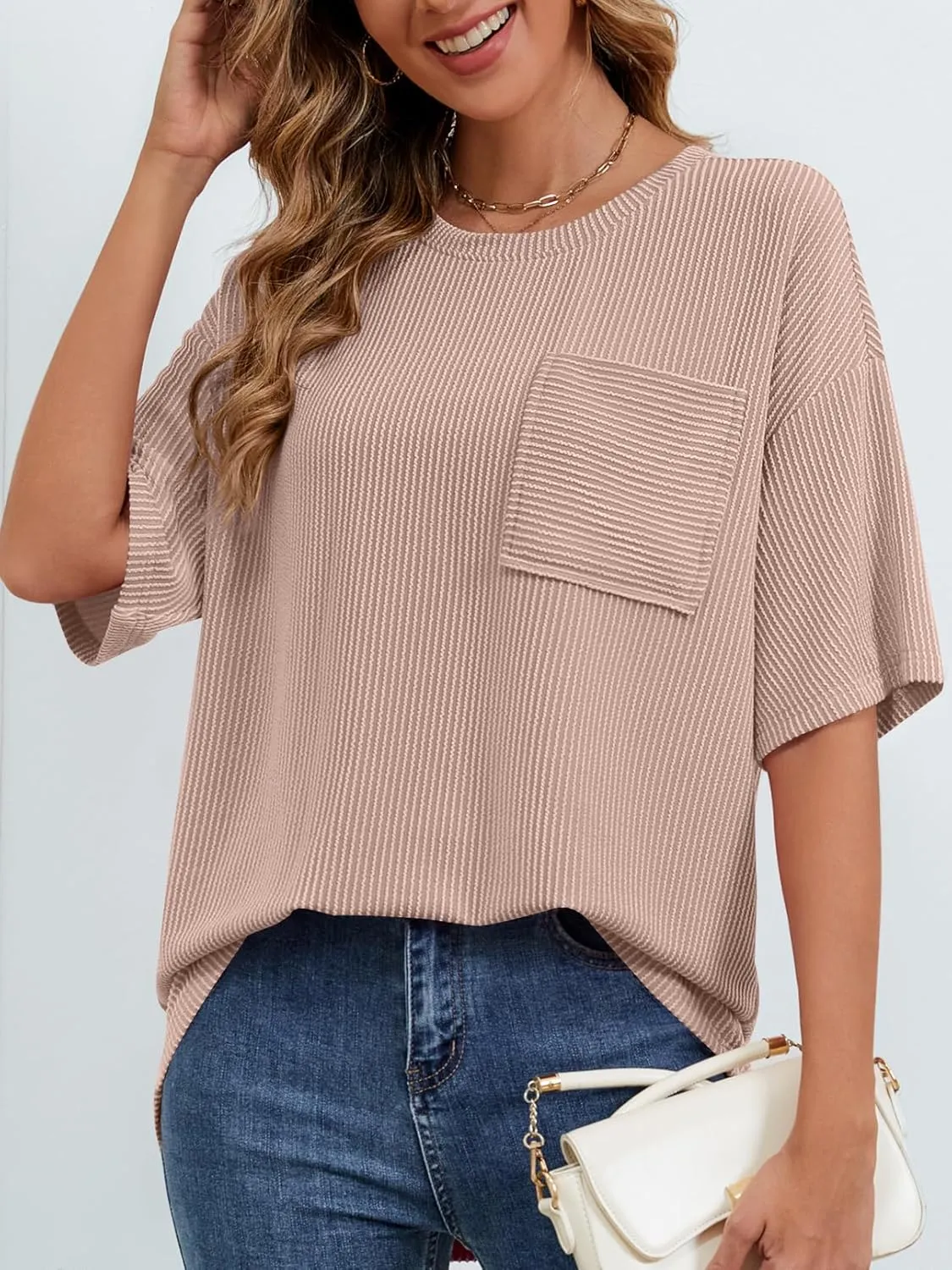 MEROKEETY Women's Summer Short Sleeve Tops Oversized Crewneck Textured Blouse Casual Basic Tunic Tee