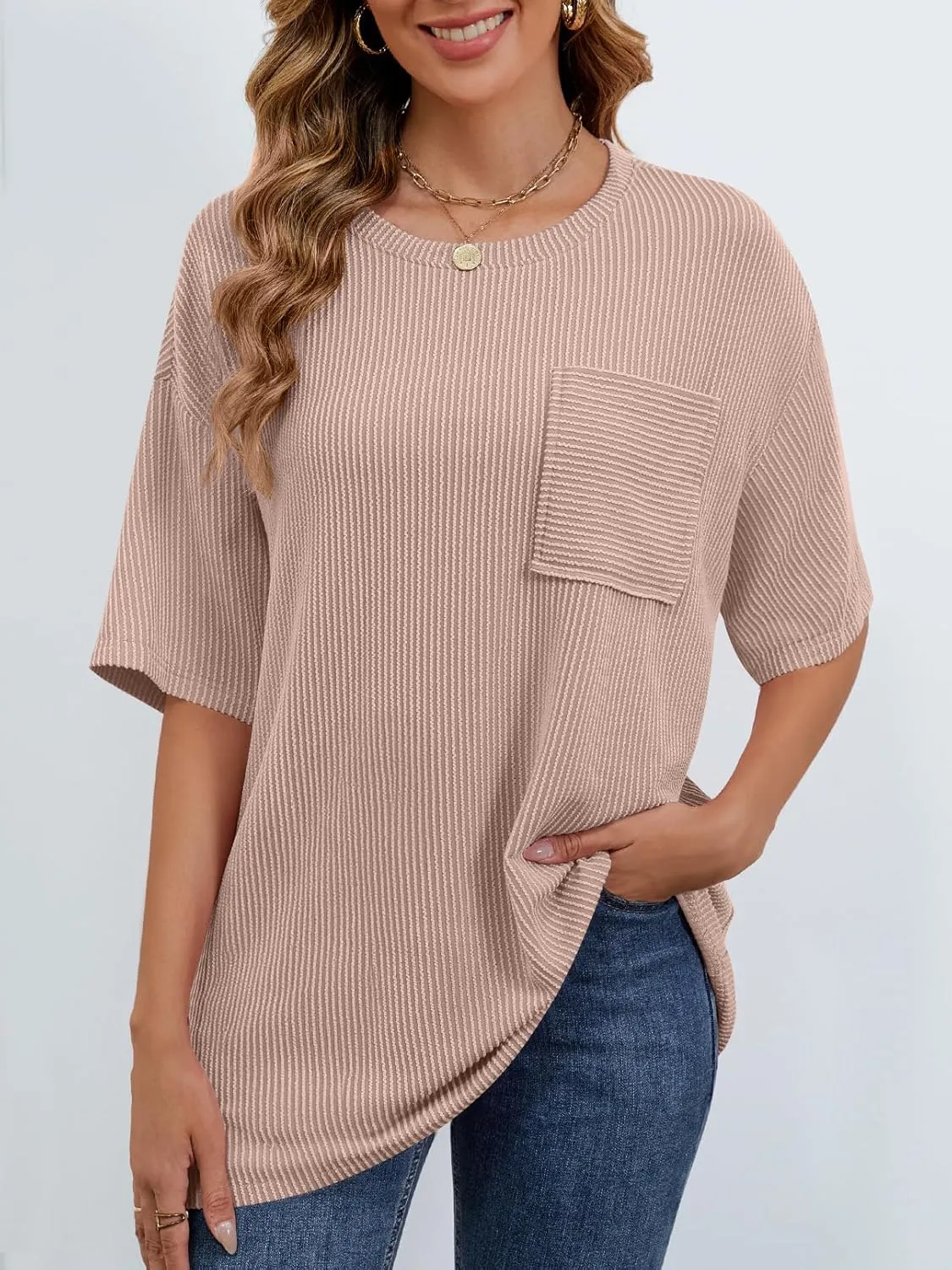 MEROKEETY Women's Summer Short Sleeve Tops Oversized Crewneck Textured Blouse Casual Basic Tunic Tee