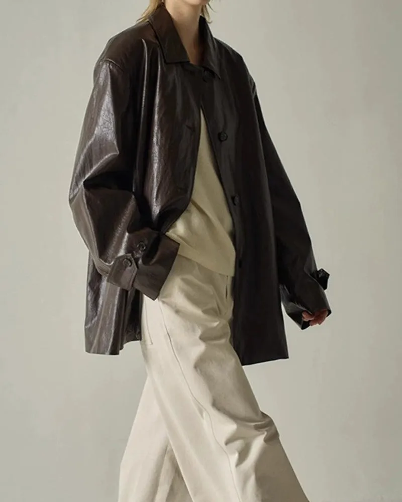 Mid-length Lapel Single-breasted Leather Trench Coat