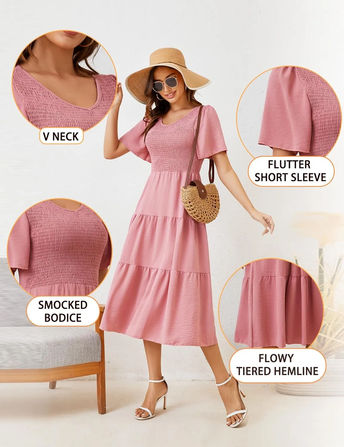 MIDNIGHTSUN Women's Smocked Midi Dress V Neck Flutter Short Sleeve Summer Tiered Dress