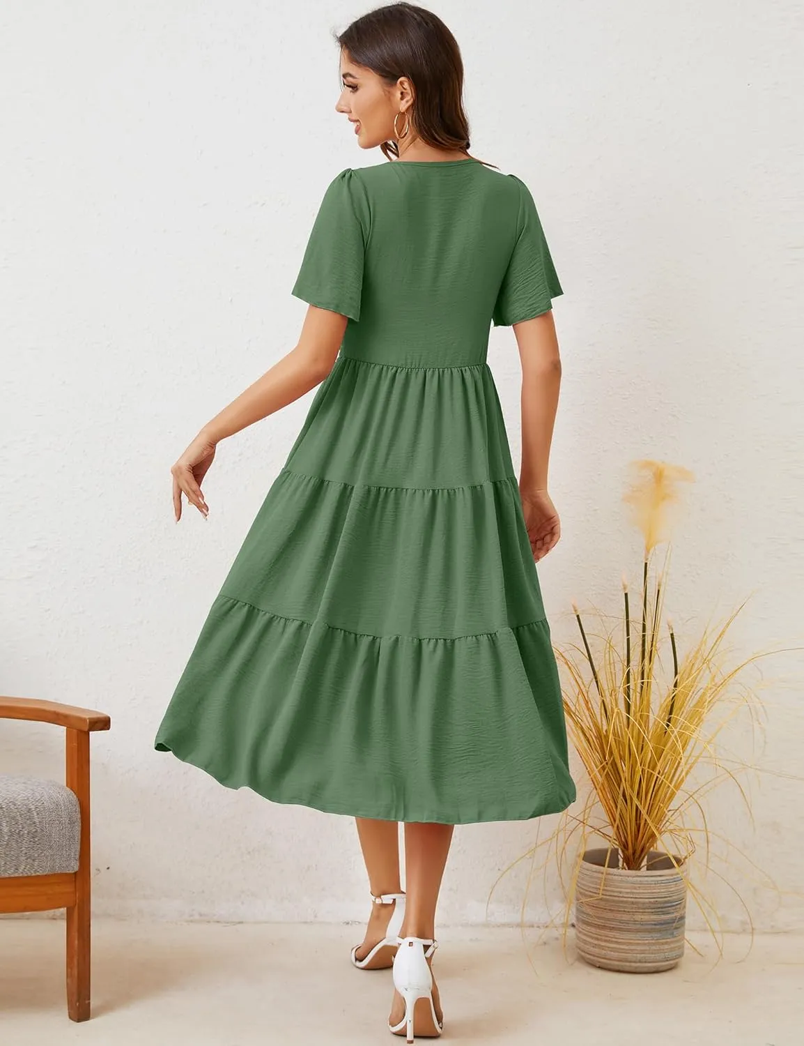 MIDNIGHTSUN Women's Smocked Midi Dress V Neck Flutter Short Sleeve Summer Tiered Dress