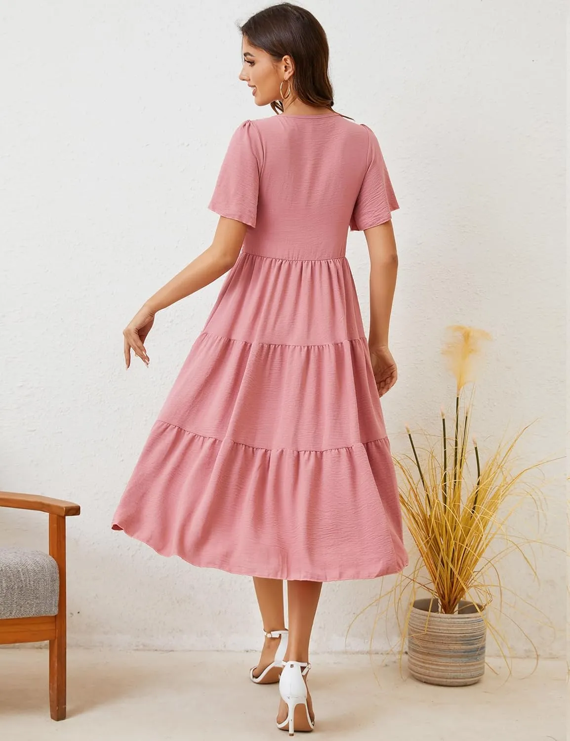 MIDNIGHTSUN Women's Smocked Midi Dress V Neck Flutter Short Sleeve Summer Tiered Dress