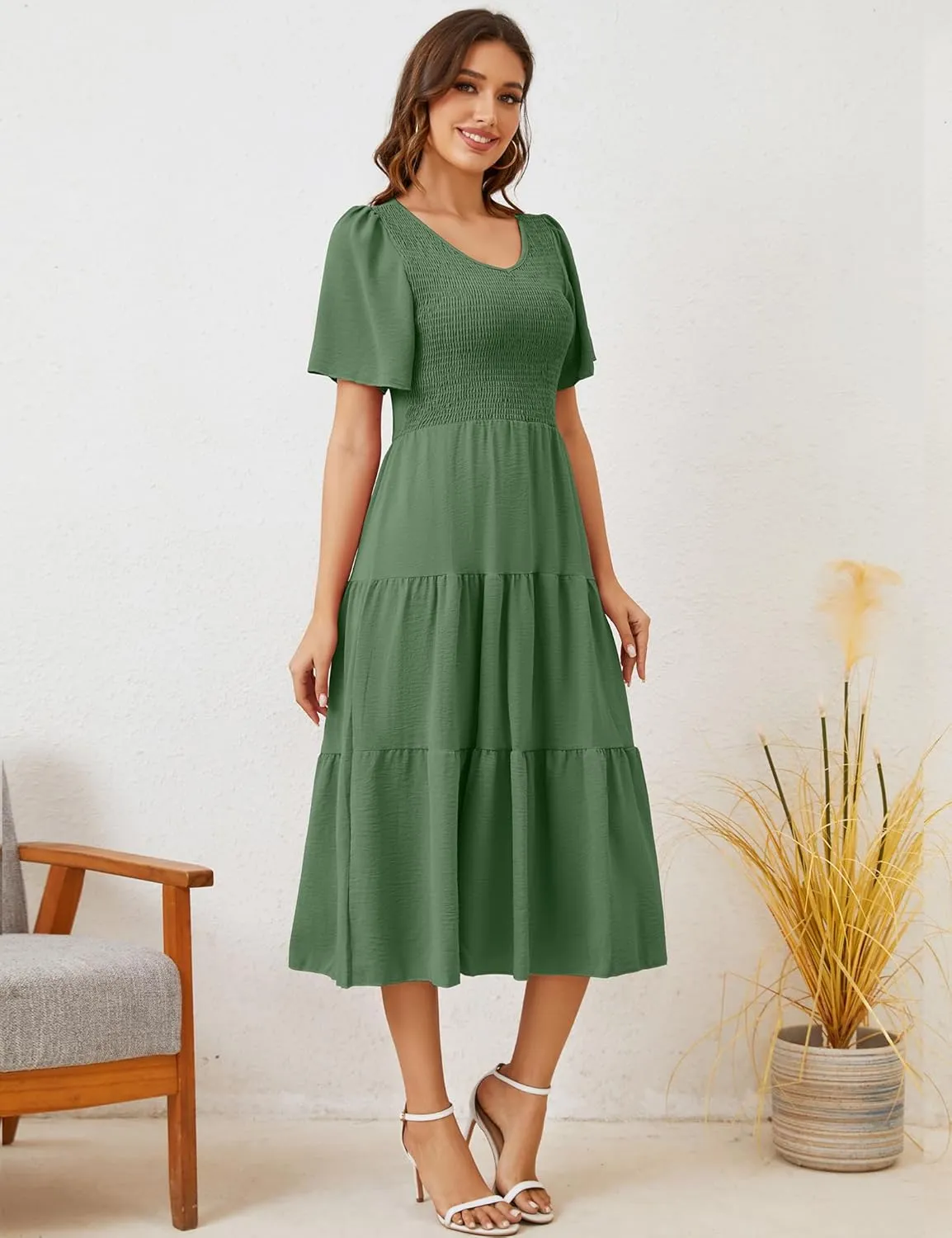 MIDNIGHTSUN Women's Smocked Midi Dress V Neck Flutter Short Sleeve Summer Tiered Dress