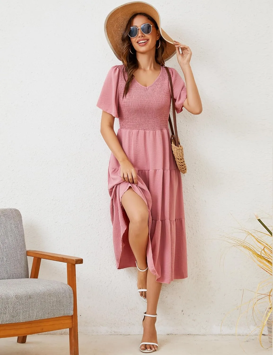 MIDNIGHTSUN Women's Smocked Midi Dress V Neck Flutter Short Sleeve Summer Tiered Dress