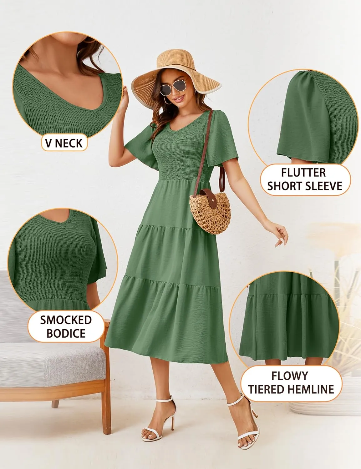 MIDNIGHTSUN Women's Smocked Midi Dress V Neck Flutter Short Sleeve Summer Tiered Dress