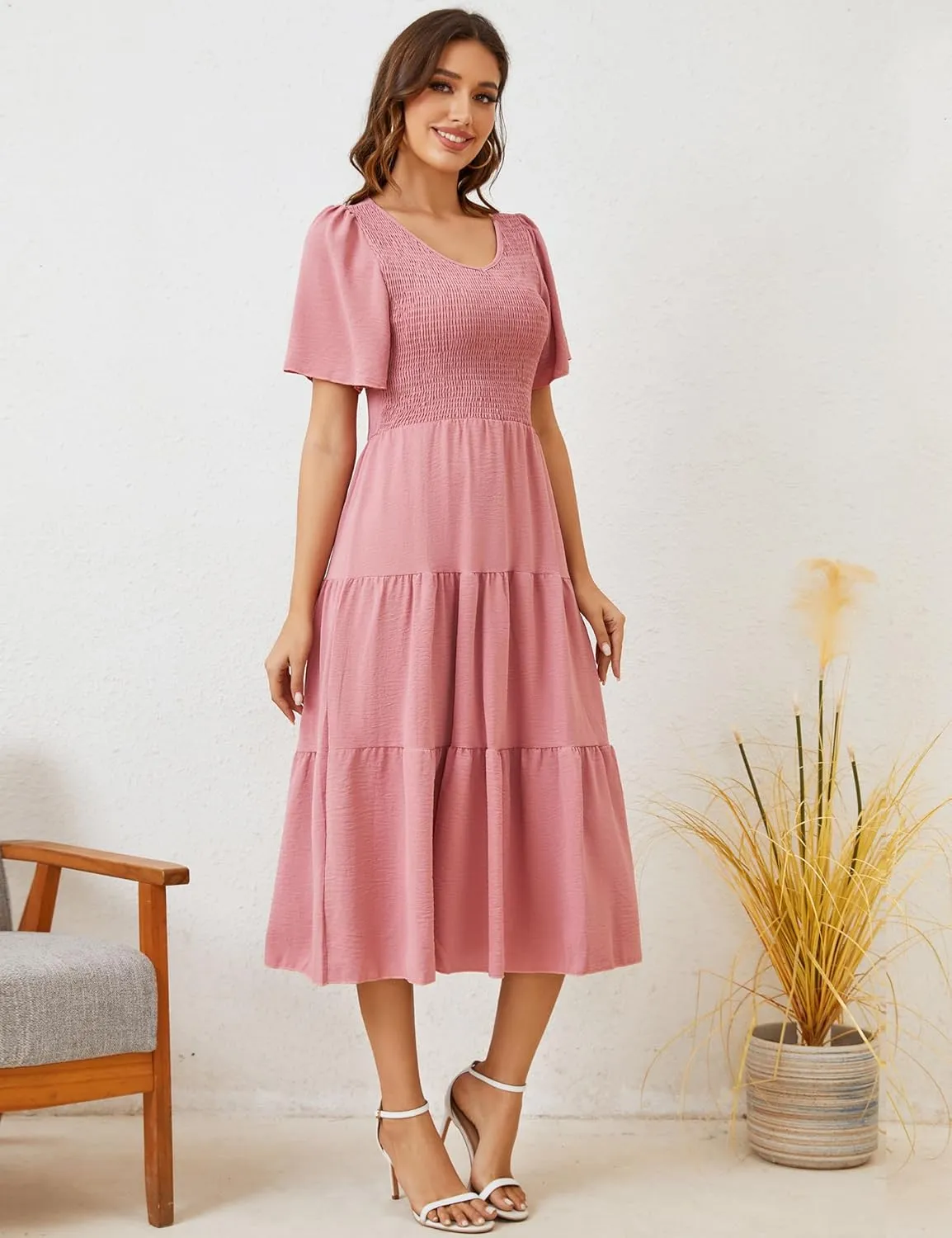 MIDNIGHTSUN Women's Smocked Midi Dress V Neck Flutter Short Sleeve Summer Tiered Dress