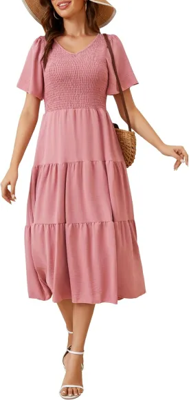 MIDNIGHTSUN Women's Smocked Midi Dress V Neck Flutter Short Sleeve Summer Tiered Dress