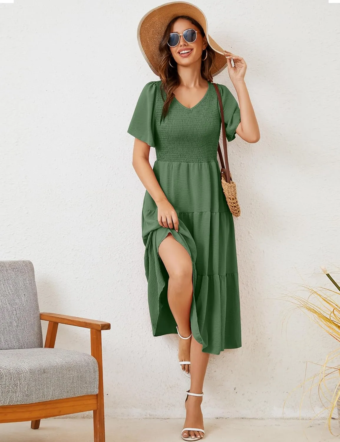 MIDNIGHTSUN Women's Smocked Midi Dress V Neck Flutter Short Sleeve Summer Tiered Dress