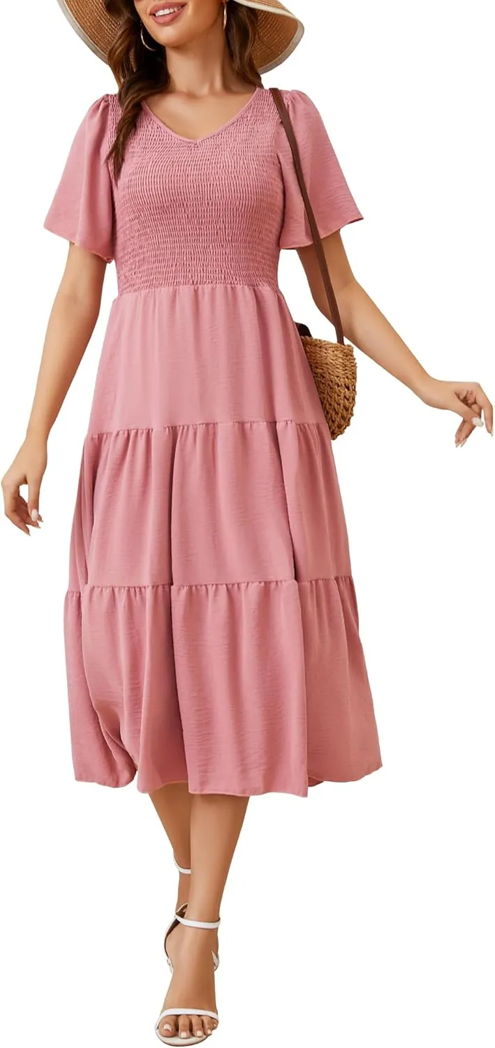 MIDNIGHTSUN Women's Smocked Midi Dress V Neck Flutter Short Sleeve Summer Tiered Dress