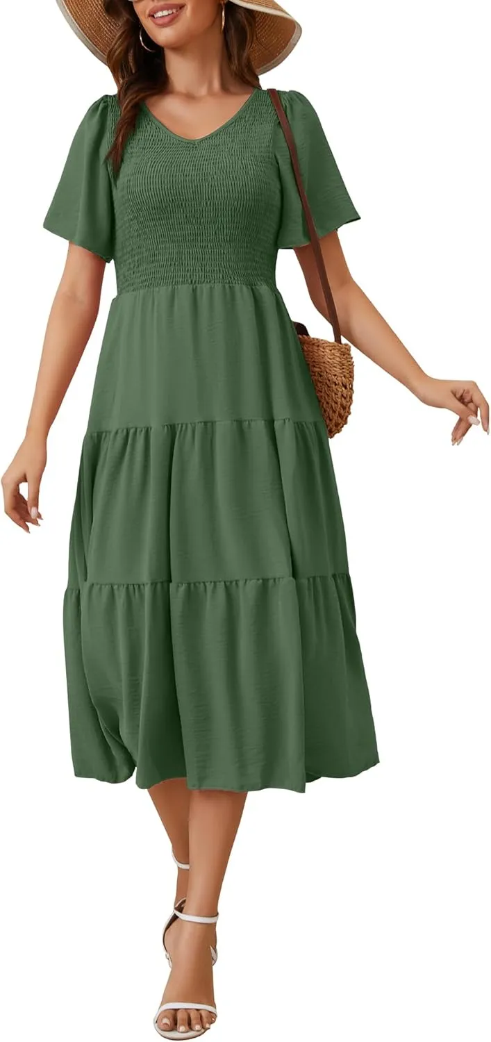 MIDNIGHTSUN Women's Smocked Midi Dress V Neck Flutter Short Sleeve Summer Tiered Dress