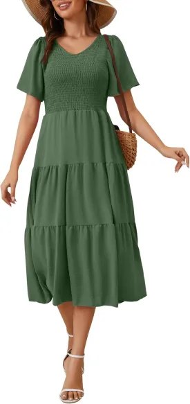 MIDNIGHTSUN Women's Smocked Midi Dress V Neck Flutter Short Sleeve Summer Tiered Dress