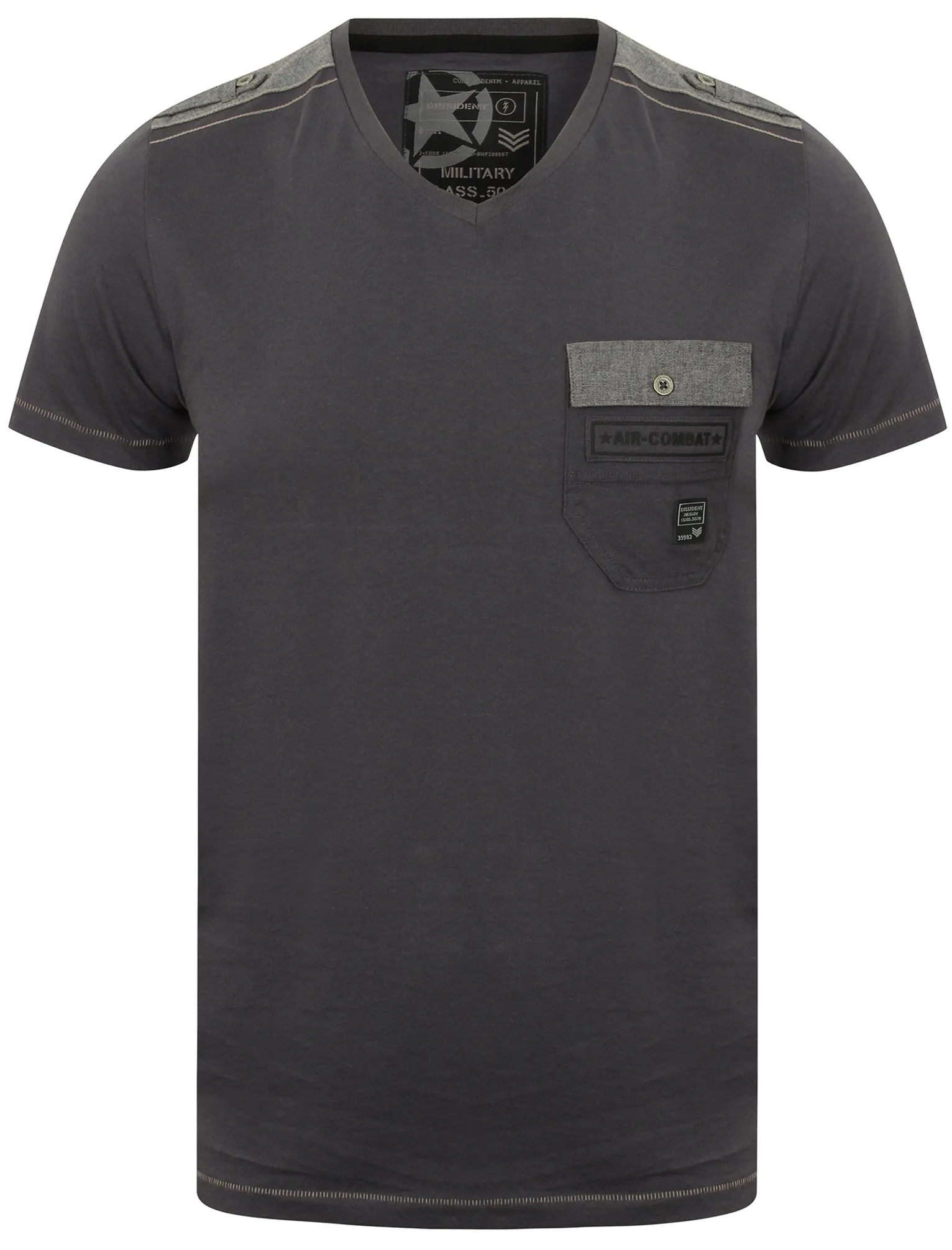 Millcham V Neck T-Shirt with Chambray Detail in Slate Blue - Dissident