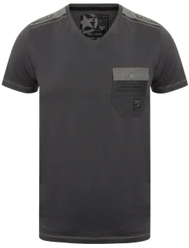 Millcham V Neck T-Shirt with Chambray Detail in Slate Blue - Dissident