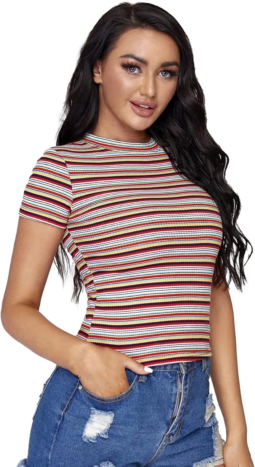 Milumia Women's Casual Multi Striped Ribbed Short Sleeve Solid Tee Knit Top