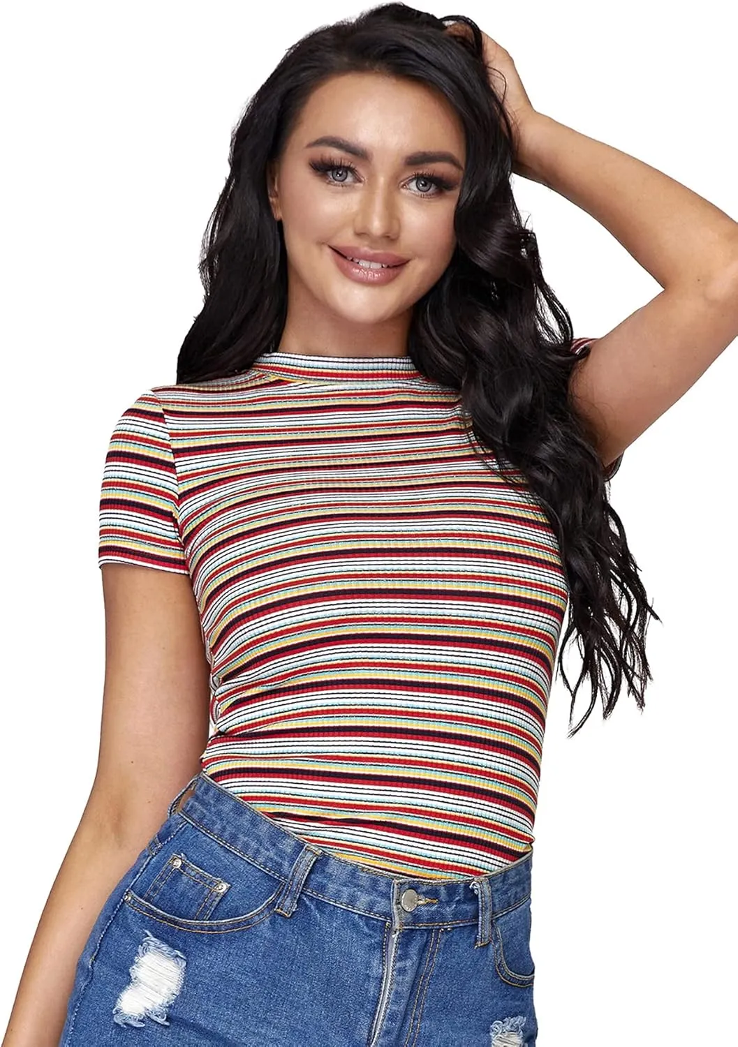 Milumia Women's Casual Multi Striped Ribbed Short Sleeve Solid Tee Knit Top