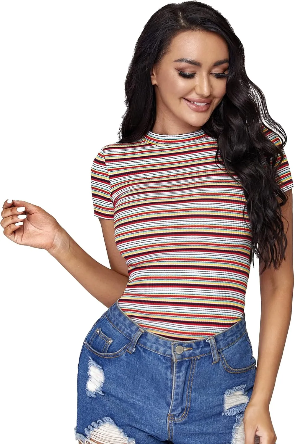 Milumia Women's Casual Multi Striped Ribbed Short Sleeve Solid Tee Knit Top