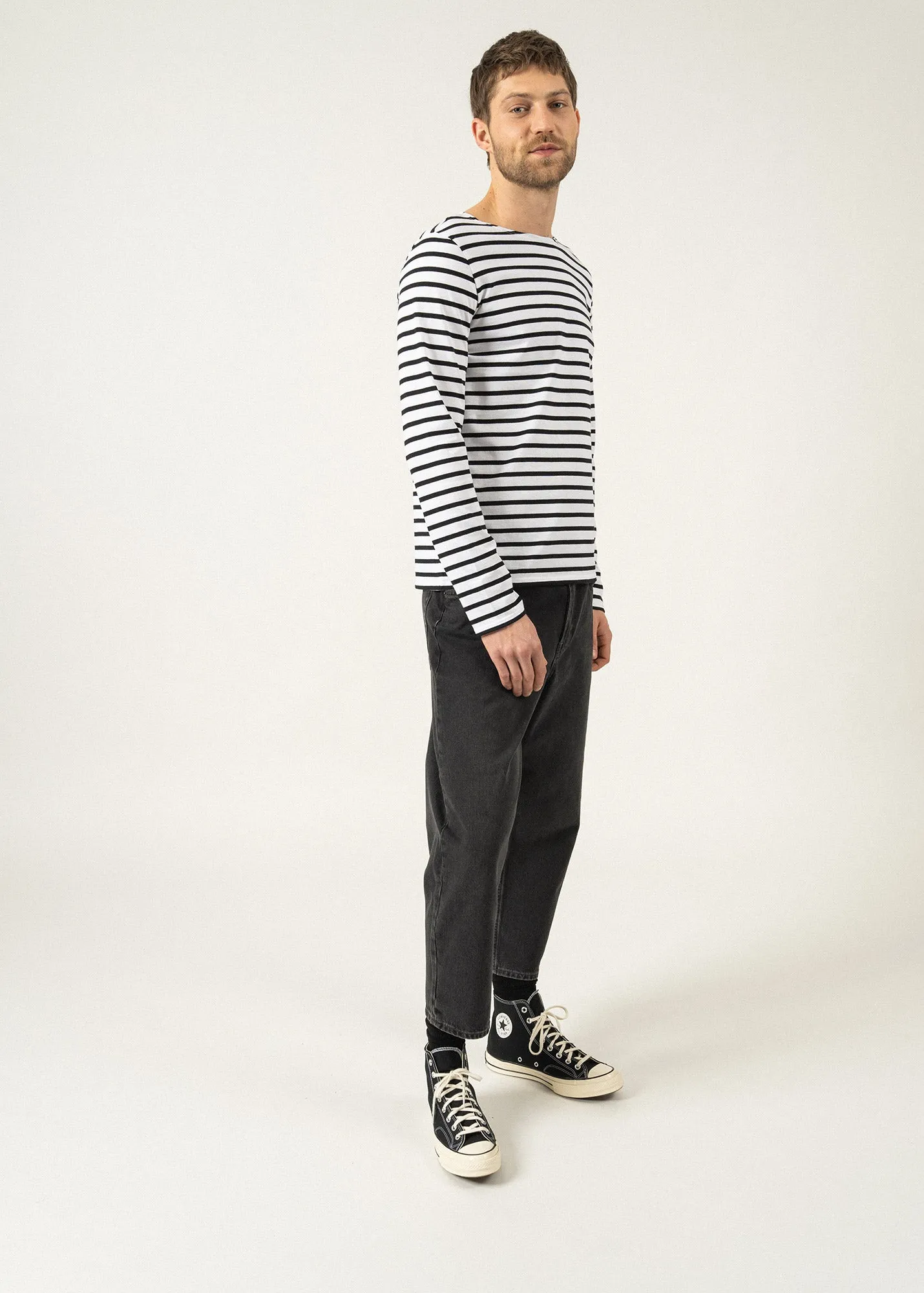MINQUIERS MODERN - Authentic Breton Stripe Shirt | Soft Cotton | Men Fit (WHITE / BLACK)