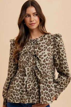 MQTIME  -  Annie Wear Tied Leopard Round Neck Peplum Blouse