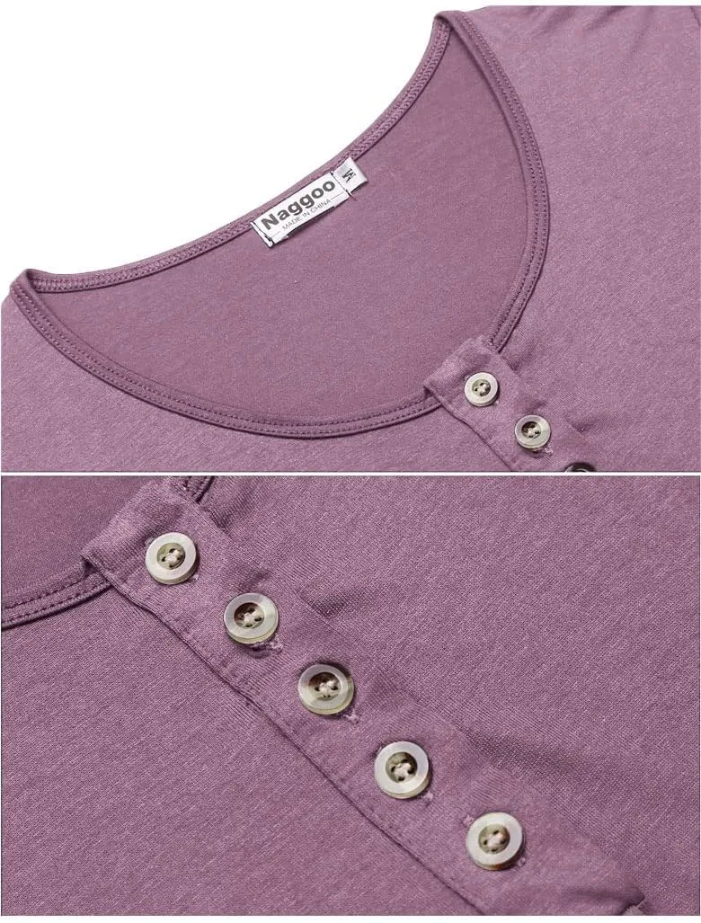 Naggoo Women's 3/4 Sleeve Button V Neck High Low Loose Fit Casual Long Tunic Tops Tee Shirts S-3XL