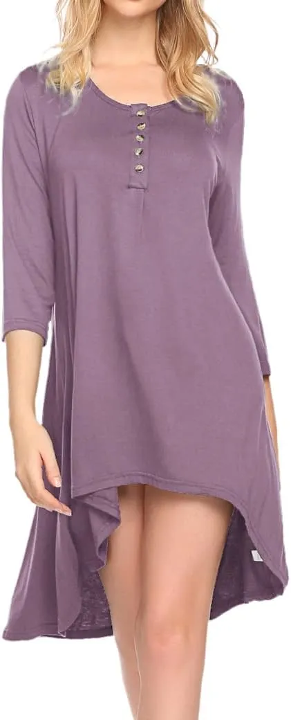 Naggoo Women's 3/4 Sleeve Button V Neck High Low Loose Fit Casual Long Tunic Tops Tee Shirts S-3XL