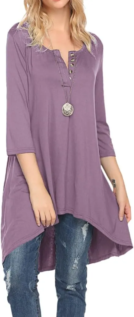 Naggoo Women's 3/4 Sleeve Button V Neck High Low Loose Fit Casual Long Tunic Tops Tee Shirts S-3XL