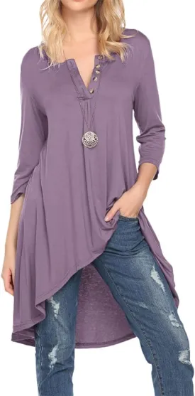 Naggoo Women's 3/4 Sleeve Button V Neck High Low Loose Fit Casual Long Tunic Tops Tee Shirts S-3XL