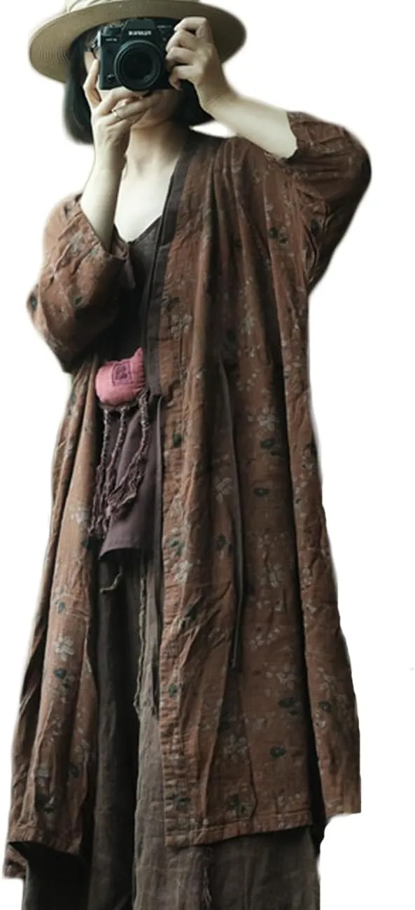 NFYM Women Lightweight Kimono Jacket Cotton Yarn Printed Tie Up Vintage Loose Cardigan Open Front Trench Coat Outerwear