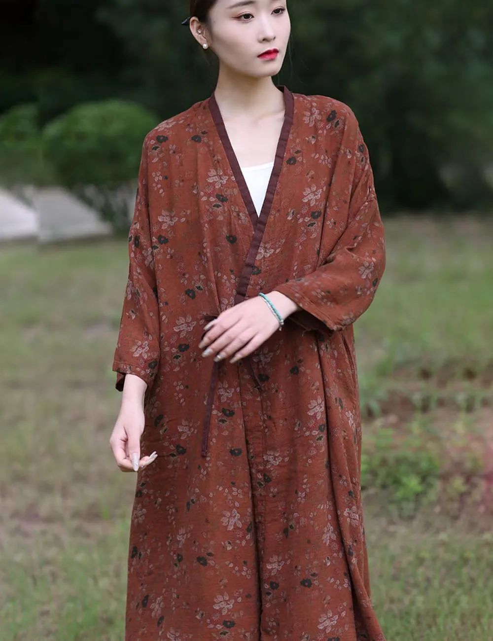 NFYM Women Lightweight Kimono Jacket Cotton Yarn Printed Tie Up Vintage Loose Cardigan Open Front Trench Coat Outerwear