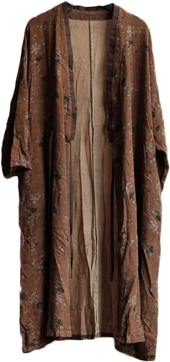 NFYM Women Lightweight Kimono Jacket Cotton Yarn Printed Tie Up Vintage Loose Cardigan Open Front Trench Coat Outerwear