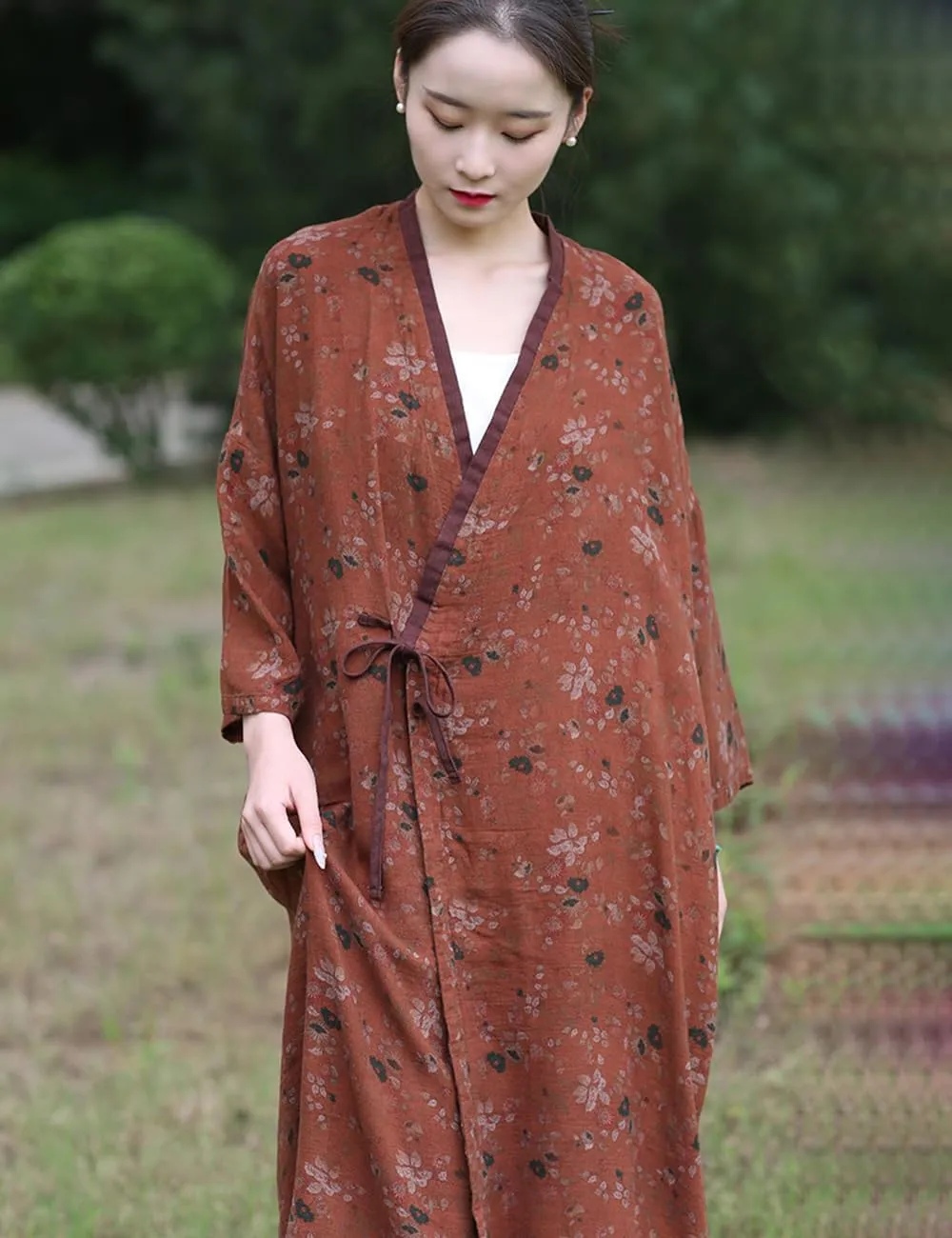 NFYM Women Lightweight Kimono Jacket Cotton Yarn Printed Tie Up Vintage Loose Cardigan Open Front Trench Coat Outerwear
