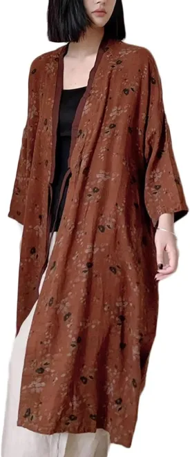 NFYM Women Lightweight Kimono Jacket Cotton Yarn Printed Tie Up Vintage Loose Cardigan Open Front Trench Coat Outerwear