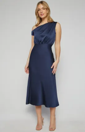 One Shoulder Detail Satin Midi Dress