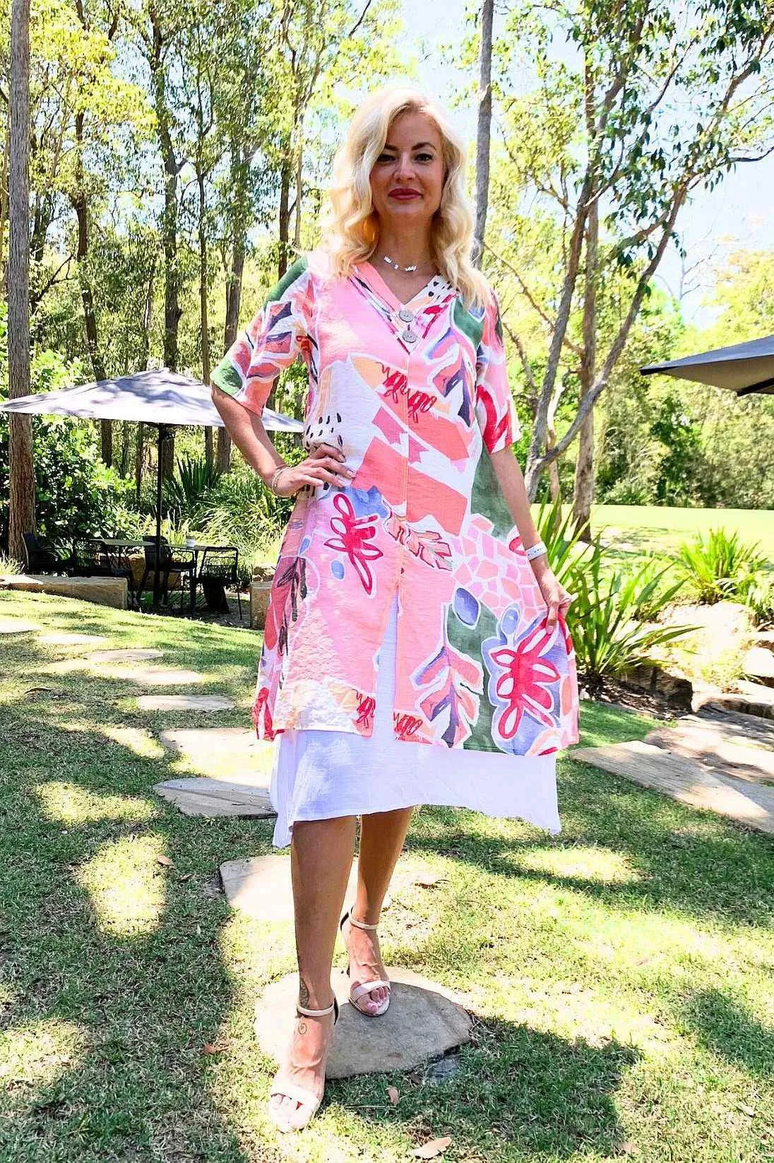 Pink Floral Print Summer Tunic Dress
