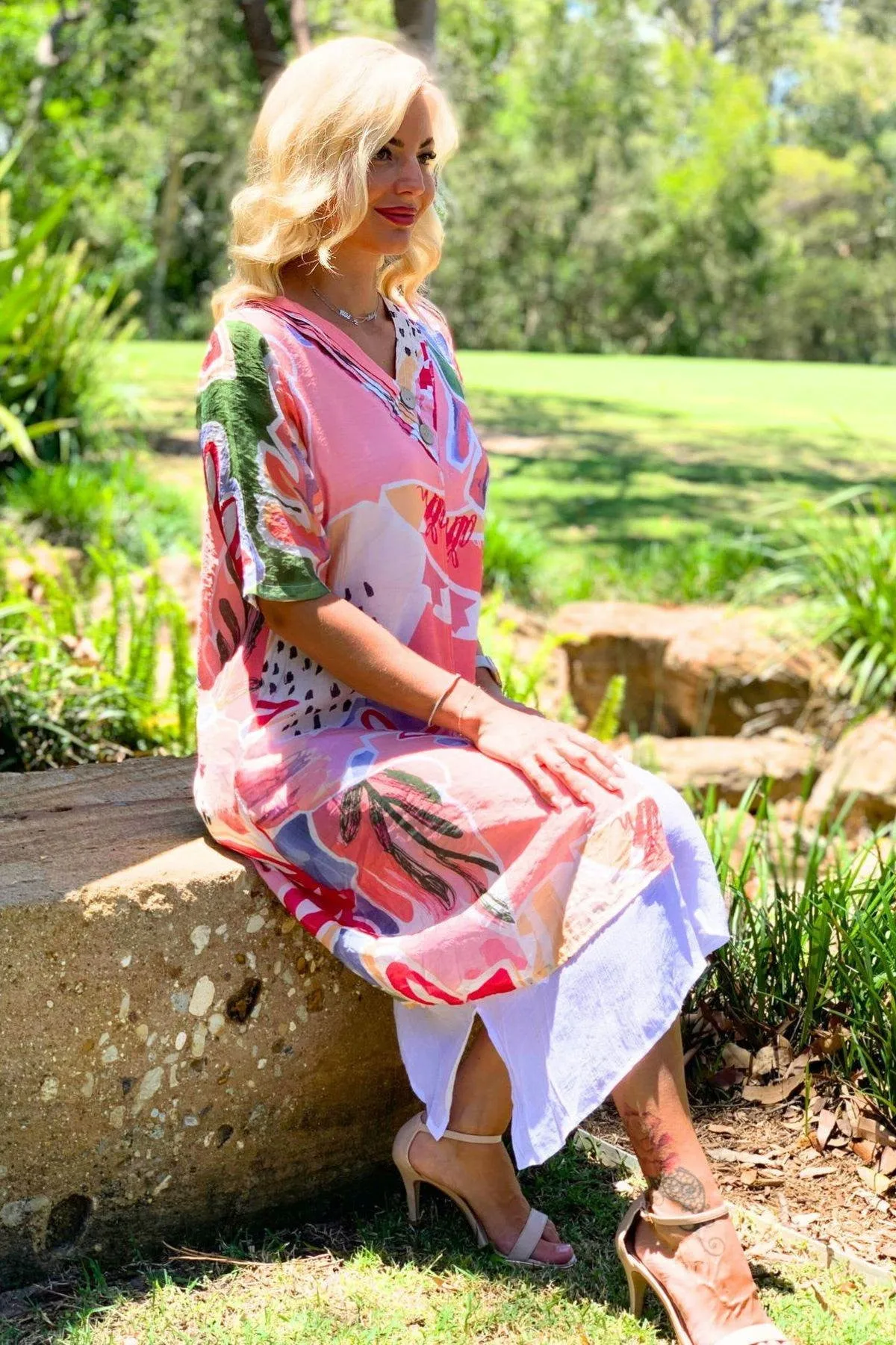 Pink Floral Print Summer Tunic Dress