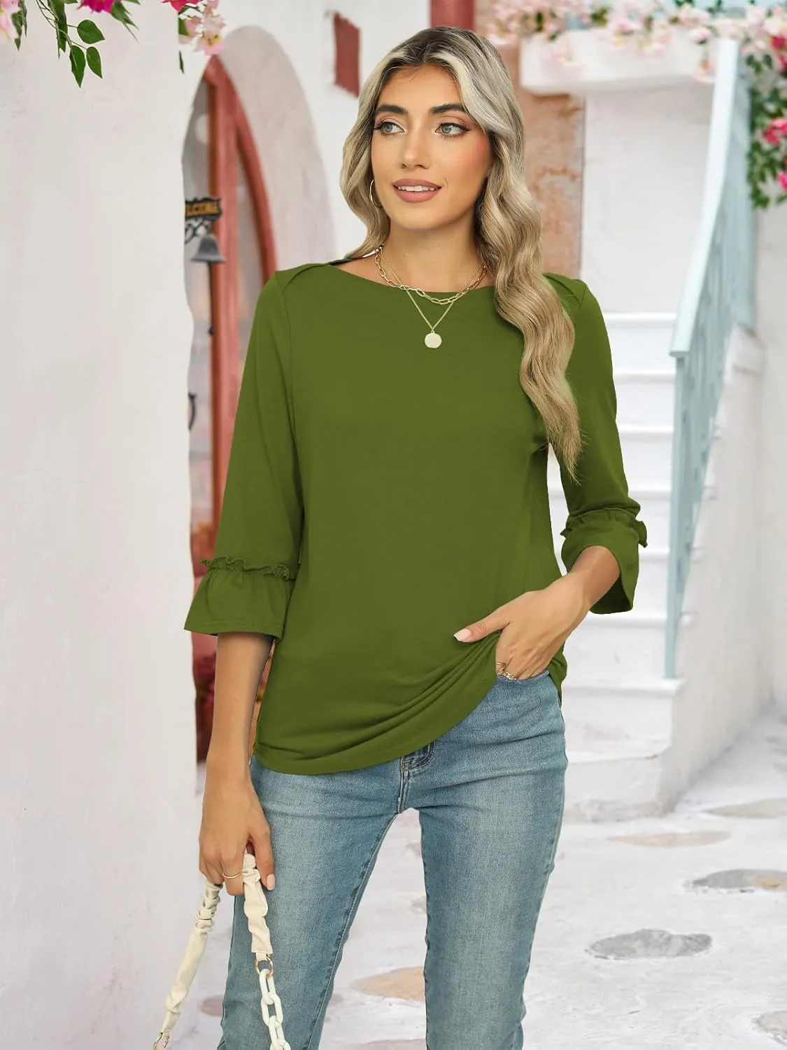 Poetsky Womens Boat Neck 3/4 Sleeve Tops Loose Fit Shirts Casual Solid Basic Tee Shirt Blouses