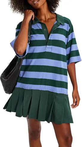 Polo Dresses for Women Summer Pleated Patchwork Striped V Neck Short Sleeve Flowy A Line T Shirt Dress