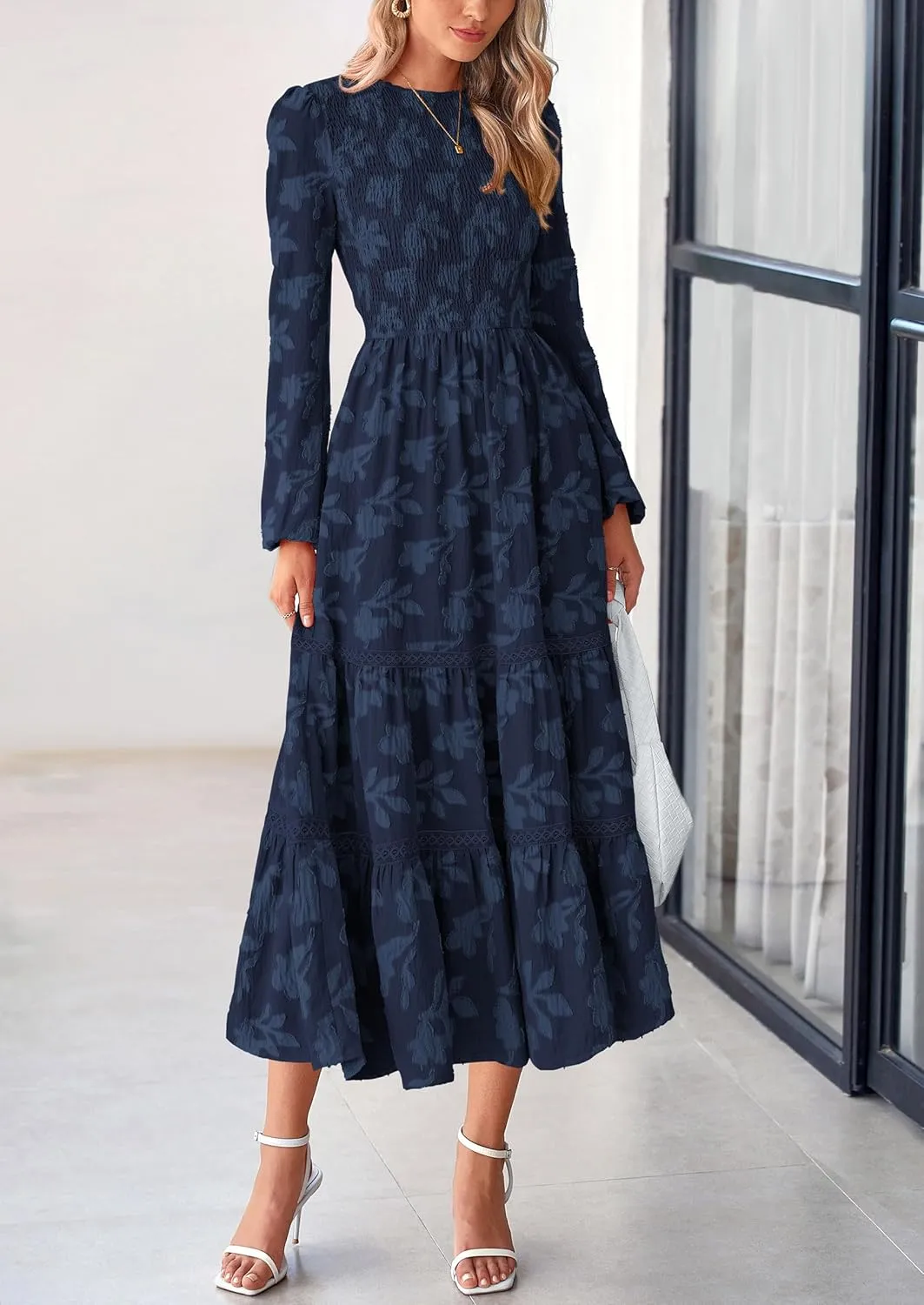 PRETTYGARDEN Women's Spring Midi Dress Fall Elegant Long Sleeve Smocked Flowy Boho Floral Wedding Guest Party Dresses