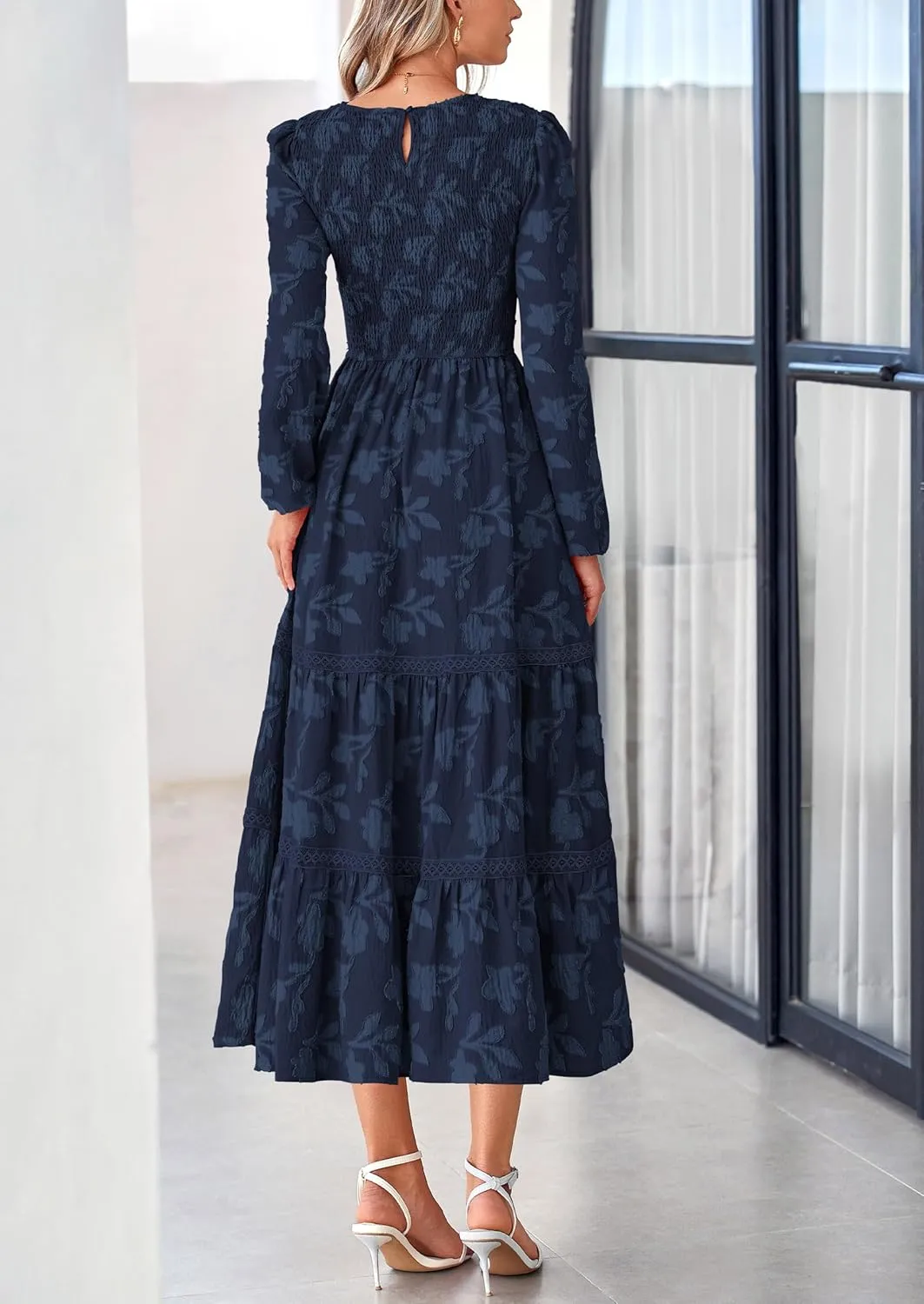 PRETTYGARDEN Women's Spring Midi Dress Fall Elegant Long Sleeve Smocked Flowy Boho Floral Wedding Guest Party Dresses