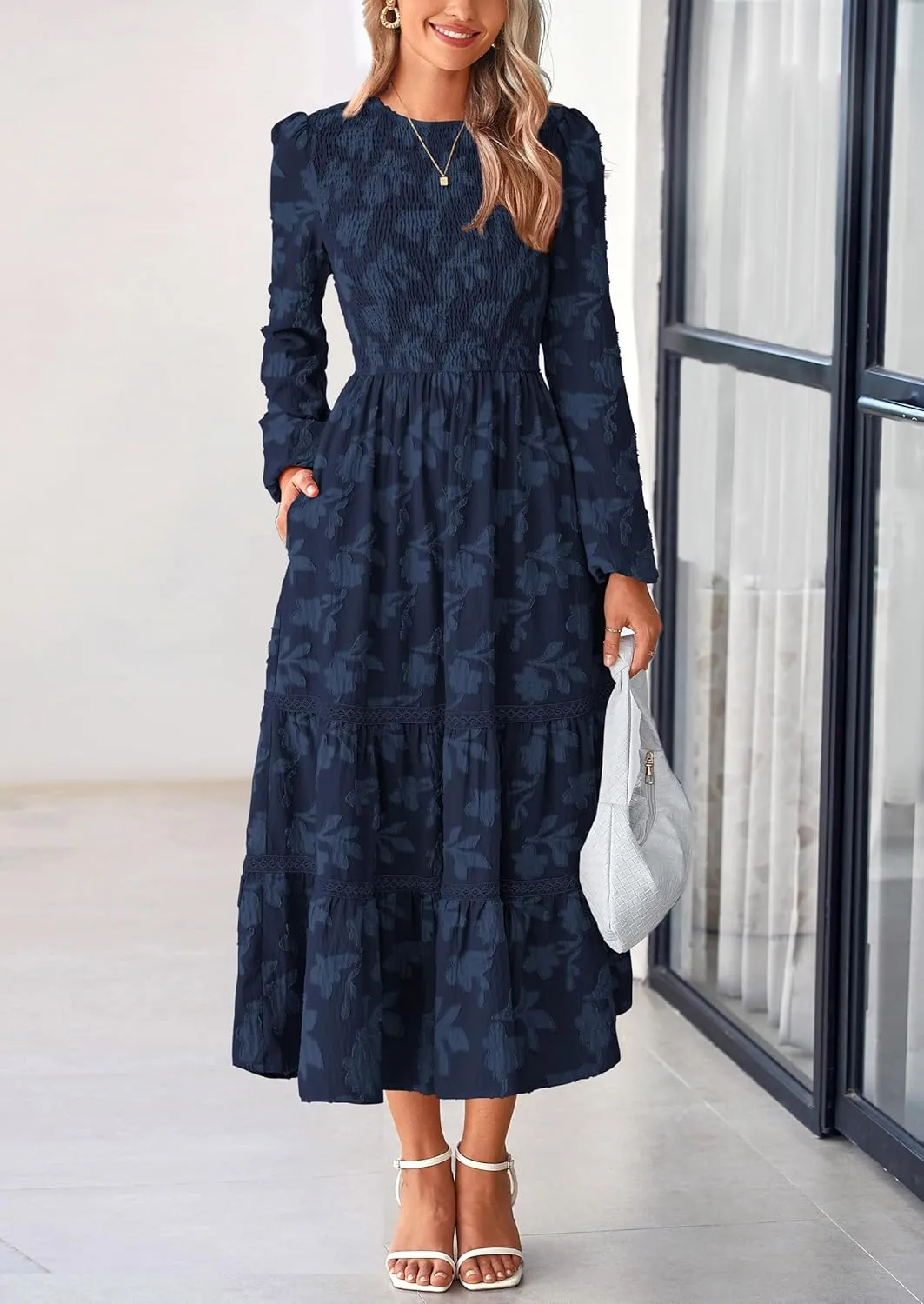 PRETTYGARDEN Women's Spring Midi Dress Fall Elegant Long Sleeve Smocked Flowy Boho Floral Wedding Guest Party Dresses