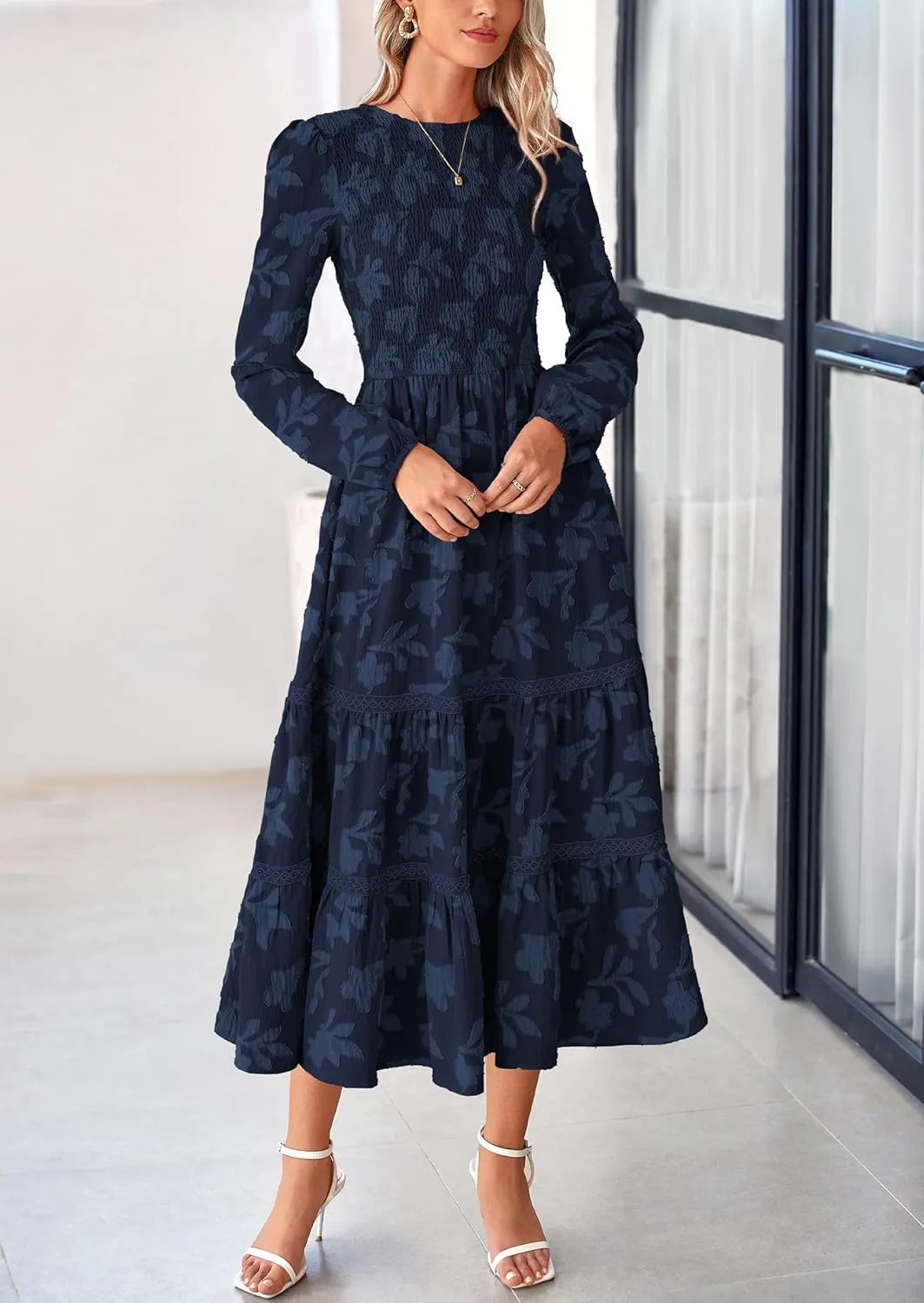 PRETTYGARDEN Women's Spring Midi Dress Fall Elegant Long Sleeve Smocked Flowy Boho Floral Wedding Guest Party Dresses
