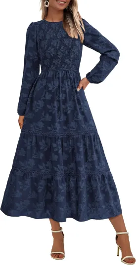 PRETTYGARDEN Women's Spring Midi Dress Fall Elegant Long Sleeve Smocked Flowy Boho Floral Wedding Guest Party Dresses
