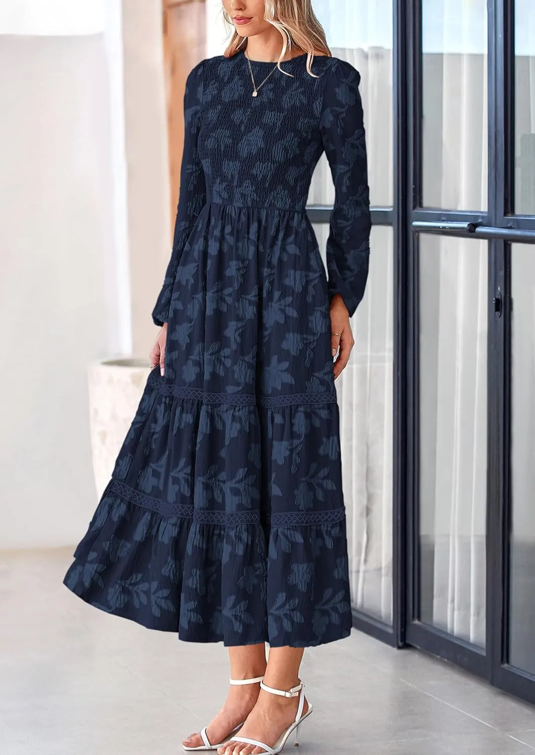 PRETTYGARDEN Women's Spring Midi Dress Fall Elegant Long Sleeve Smocked Flowy Boho Floral Wedding Guest Party Dresses