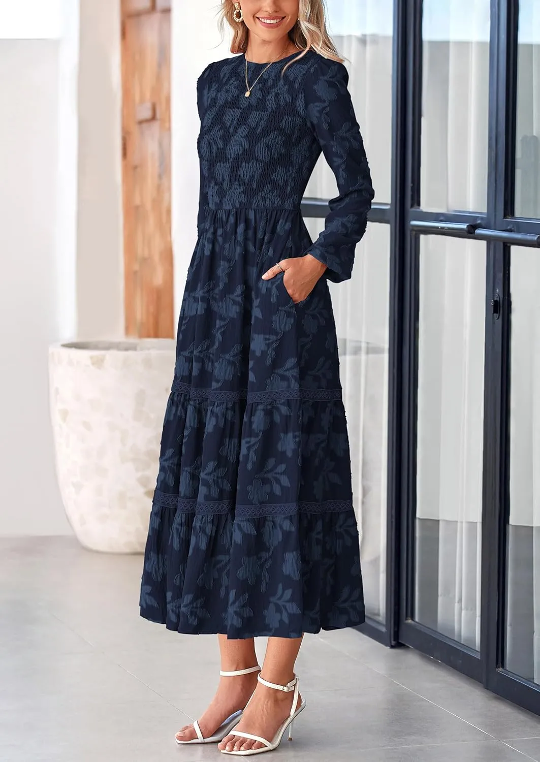 PRETTYGARDEN Women's Spring Midi Dress Fall Elegant Long Sleeve Smocked Flowy Boho Floral Wedding Guest Party Dresses