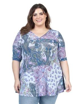 Purple Paisley Print Plus Size Elbow Sleeve V Neck Henley Tunic Top
