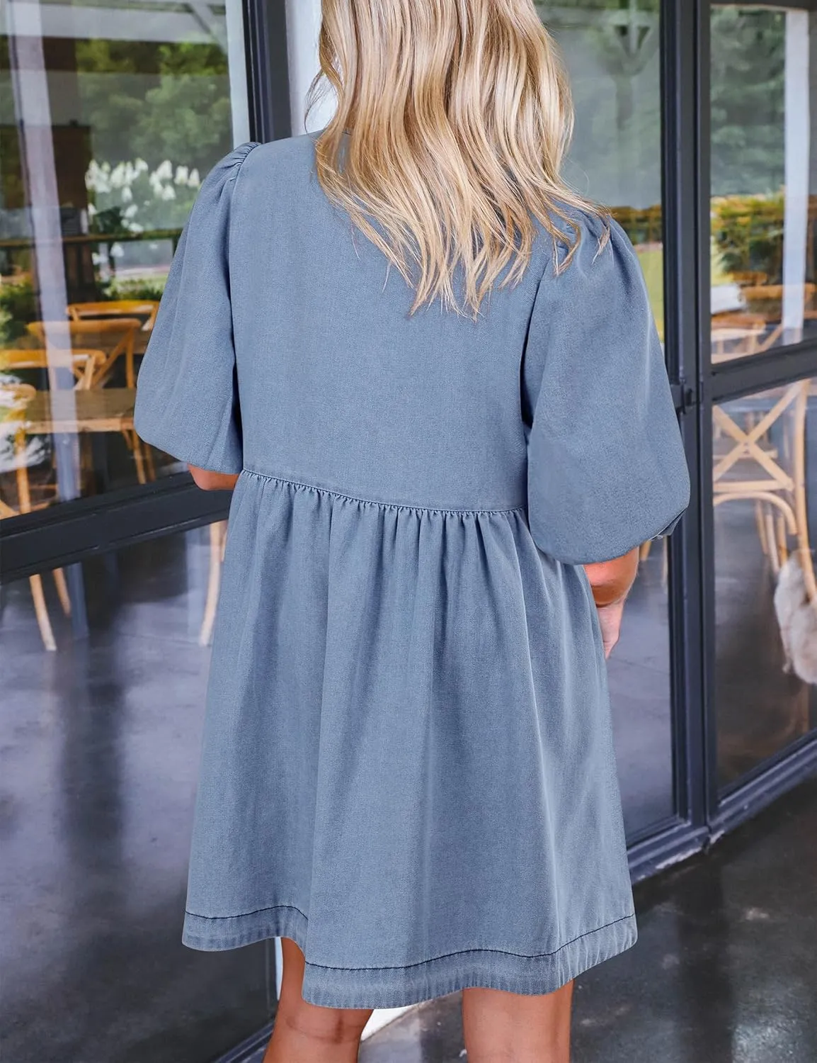 Qazel Vorrlon Denim Dress for Women Puff Short Sleeve Babydoll Jean Romper Pockets Summer Casual Blue Dresses 2025 Trendy