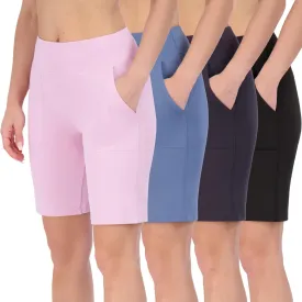 Real Essentials 4 Pack: Women's 9" Bermuda Long High Waisted Shorts with Pockets Casual Workout Athletic (Available in Plus)