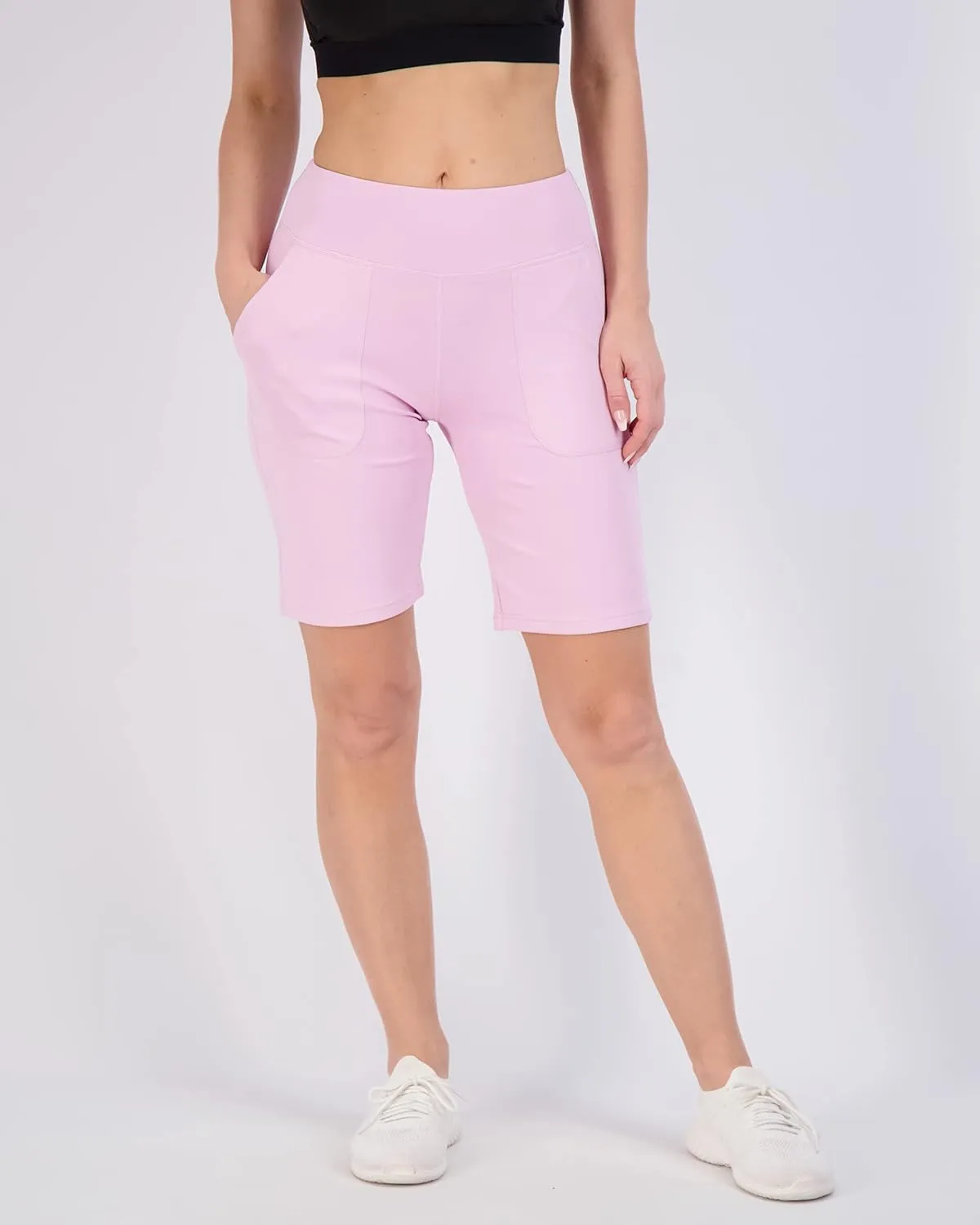 Real Essentials 4 Pack: Women's 9" Bermuda Long High Waisted Shorts with Pockets Casual Workout Athletic (Available in Plus)